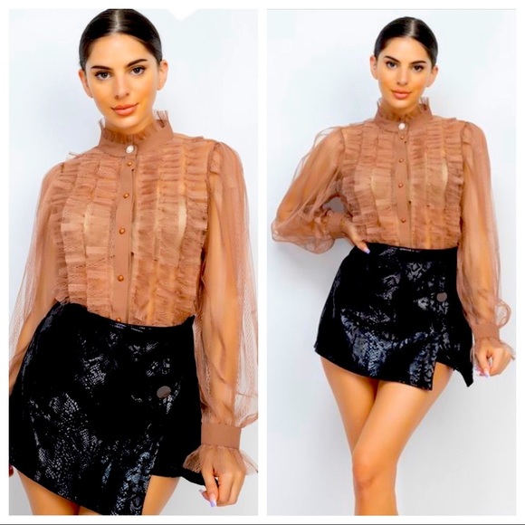 Dark Taupe Sheer Long Sleeve Ruffle Mock Neck Blouse - Picture 1 of 7
